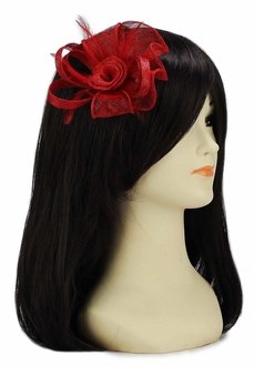 LSH00144 - Red Feather and Mesh Flower Fascinator