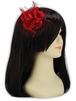 LSH00131 - Red Feather and Mesh Flower Fascinator