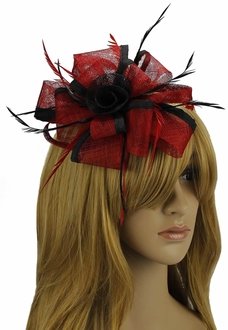 LSH00107 - Red / Black Feather & Flower Fascinator on Comb