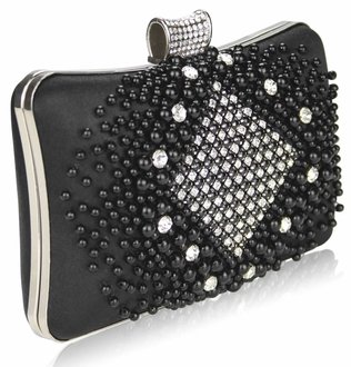 LSE00206 - Wholesale & B2B Black  Beaded Pearl Rhinestone Clutch Bag Supplier & Manufacturer