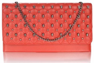 LSE00218 - Red Quilted Purse With Skull Stud Detail
