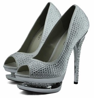 LSS00130 - Ivory Double Platform Crystal High Heel Peeptoe Shoes