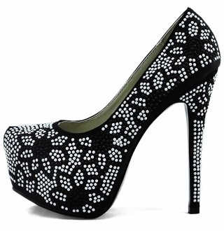 LSS00122 - Black / White Diamante Covered Platform Stiletto Heel Shoes