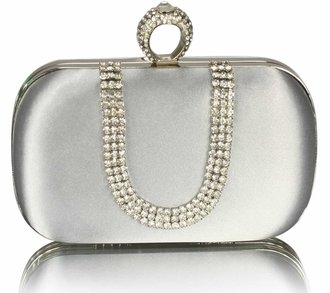 LSE00224 - Silver Sparkly Crystal Satin Clutch purse