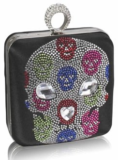 LSE00252 - Black Diamante Skull Clutch Purse