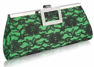 LSE00226 - Green Elegant Floral Satin Lace Clutch Bag