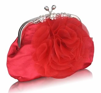 LSE00143 - Red Crystal Flower Satin Clutch