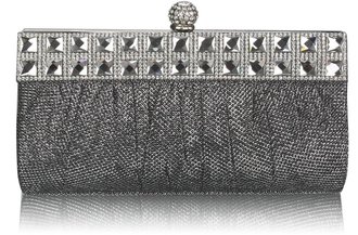 LSE0045 - Black/Silver Ruched Satin Clutch With Crystal Decoration