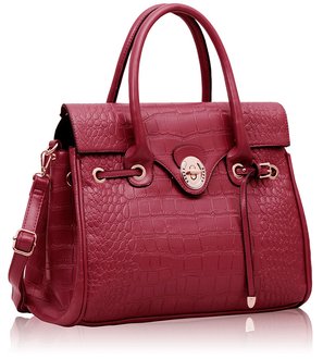 LS0029L - Fuchsia Croc Flap Over Twist Lock Satchel