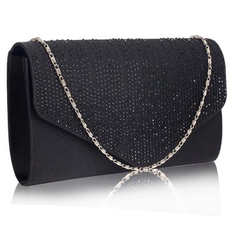 LSE0070 (NEW) - Black Diamante Design Evening Flap Over Party Clutch Bag
