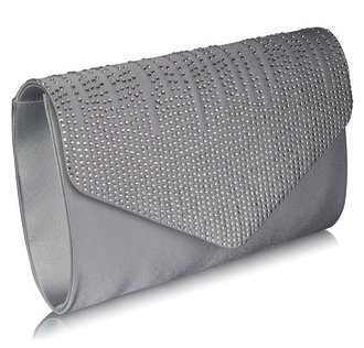 LSE0070 (NEW) - Silver Diamante Design Evening Flap Over Party Clutch Bag