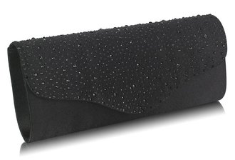 LSE00253 - Black Diamante Design Evening Flap Over Party Clutch Bag