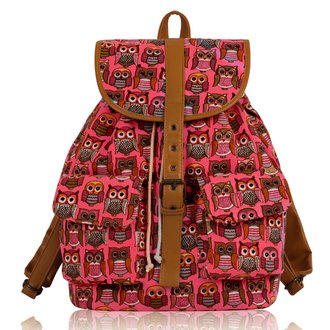 LS00269C - Pink Owl Print Rucksack Bag - Canvas