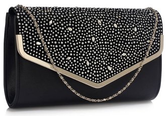 LSE00264 -  Black / Silver  Large Diamante Flap Clutch purse