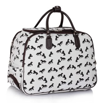 LS00309A - White Horse Print Travel Holdall Trolley Luggage With Wheels - CABIN APPROVED