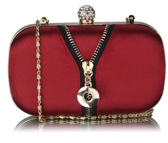 LSE00262 - Red Satin Clutch With Crystal Decoration