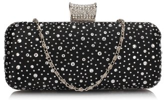 LSE00286 - Black / Silver Sparkly Crystal Satin Evening Bag