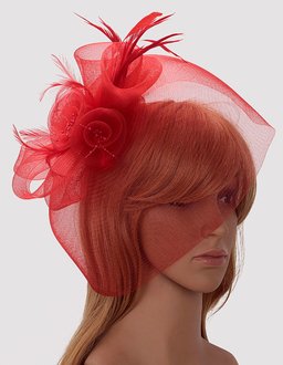 LSH00194 - Red Mesh Hat Feather Fascinator