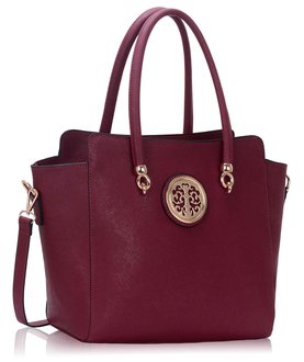LS00149 - Burgundy Polished Metal Shoulder Handbag