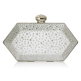 LSE00285 - Silver  Rhinestone Studded Hard Box Bridal clutch bag