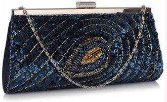 LSE00295 - Navy Sequin Peacock Feather Design Clutch Evening Party Bag