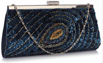LSE00295 - Navy Sequin Peacock Feather Design Clutch Evening Party Bag