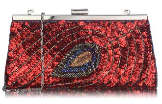 LSE00295 - Red Sequin Peacock Feather Design Clutch Evening Party Bag