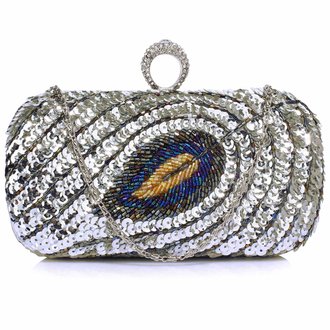 LSE00298 - Wholesale & B2B Silver Sequin Peacock Feather Design Clutch Evening Party Bag Supplier & Manufacturer