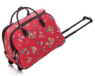 AGT00309C - Red Butterfly Print Travel Holdall Trolley Luggage With Wheels - CABIN APPROVED