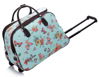 AGT00309C - Wholesale & B2B Blue Butterfly Print Travel Holdall Trolley Luggage With Wheels - CABIN APPROVED Supplier & Manufacturer