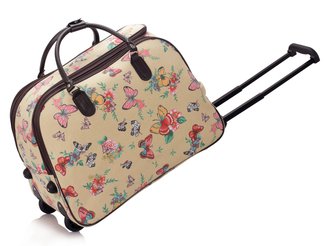 LS00309C - Beige Butterfly Print Travel Holdall Trolley Luggage With Wheels - CABIN APPROVED