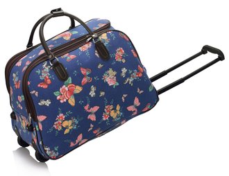 AGT00309C - Wholesale & B2B Navy Butterfly Print Travel Holdall Trolley Luggage With Wheels - CABIN APPROVED Supplier & Manufacturer
