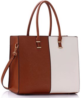 LS00319B - Large Brown / White Fashion Tote Handbag