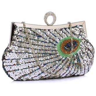 LSE00297 - Wholesale & B2B Silver Sequin Peacock Feather Design Clutch Evening Party Bag Supplier & Manufacturer