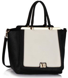 LS00358 - Black / White Metal Frame Tote Handbag