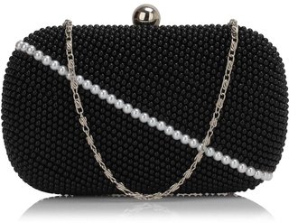 LSE00301 - Black Beaded Rhinestone Clutch Bag