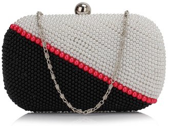 LSE00301 - Black/ White Beaded Rhinestone Clutch Bag