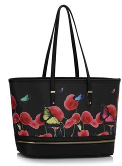 LS00460A - Black Zip Detail  Butterfly Print Tote Bag
